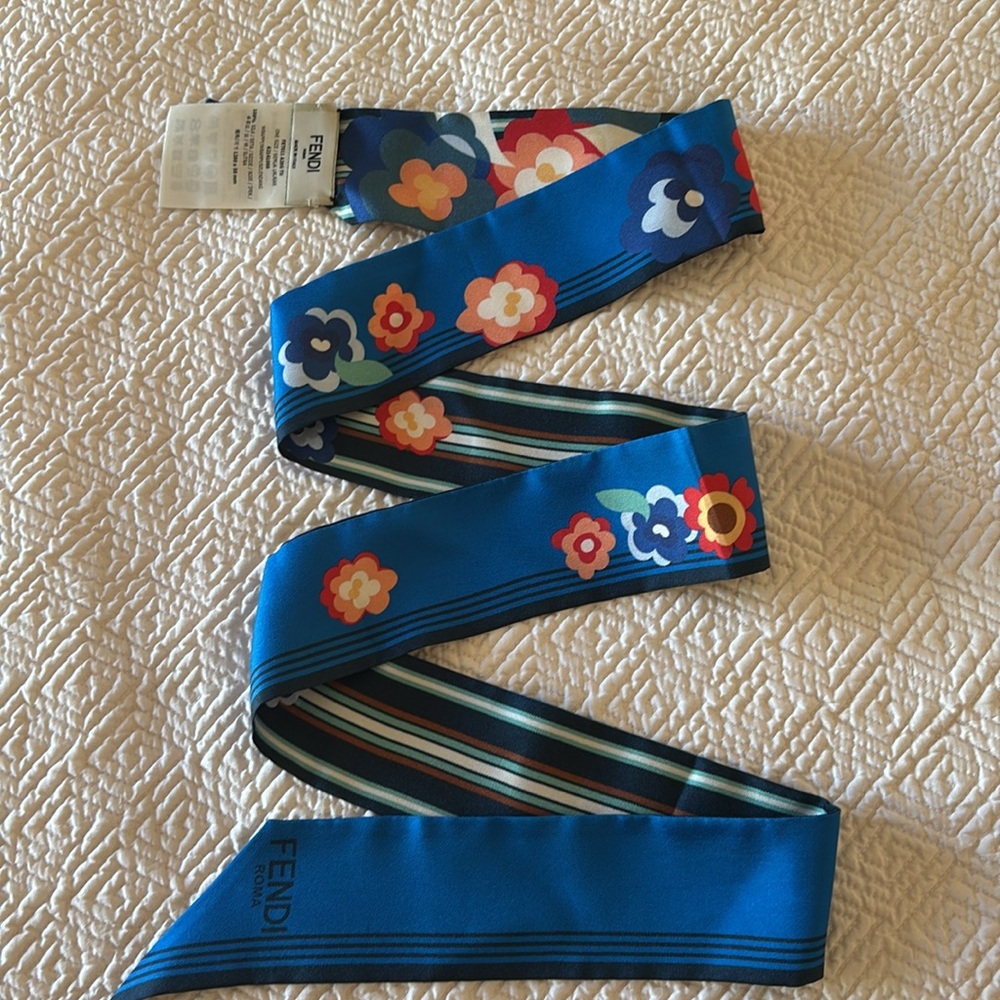 Fendi Blue and Multicolor Floral Silk Scarf